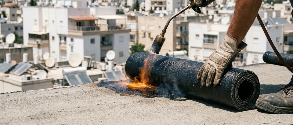 הלחמת יריעה ביטומנית במבער על גג שטוח, להבה וגליל יריעה נפרש, וברקע גגות פתח תקווה