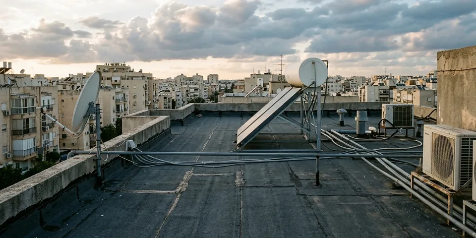 גג שטוח בפתח תקווה עם דוד שמש, צלחת לוויין וצנרת, מול שכונת מגורים
