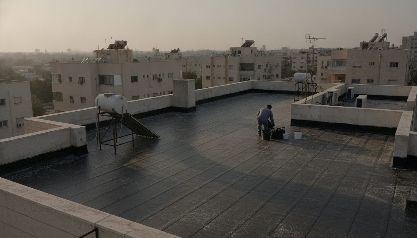 גג בטון שטוח באמצע עבודת איטום, חלקו מכוסה בשכבה חדשה וחלקו תשתית חשופה
