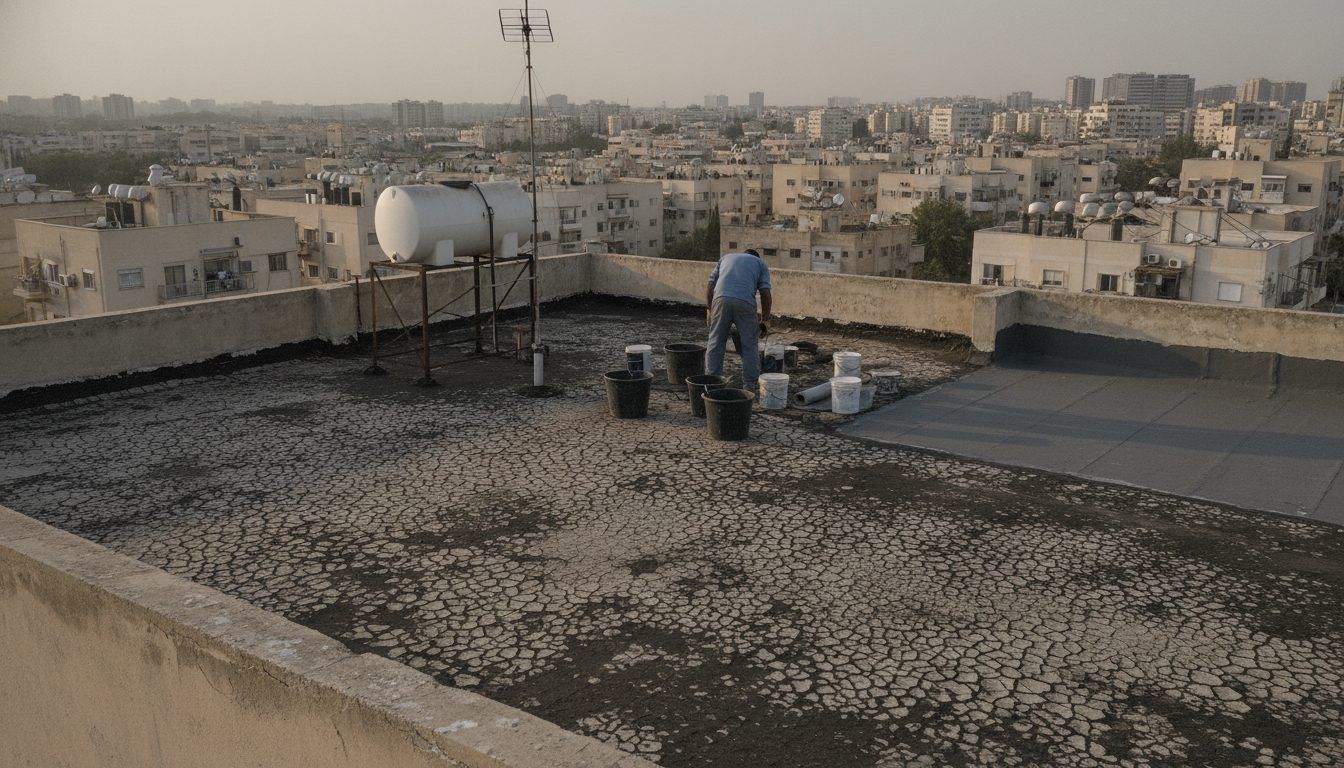מברשת מורחת חומר ביטומני שחור סביב צינור שחודר מגג בטון